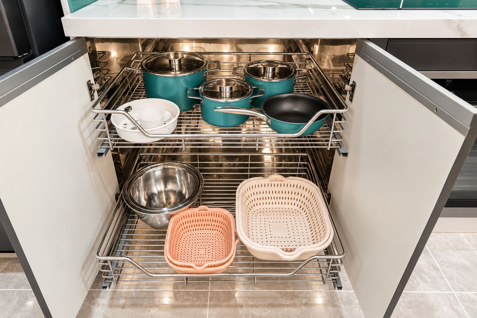 Un meuble de cuisine doté d’étagères en acier inoxydable pour ranger les casseroles, les poêles et les ustensiles de cuisine.