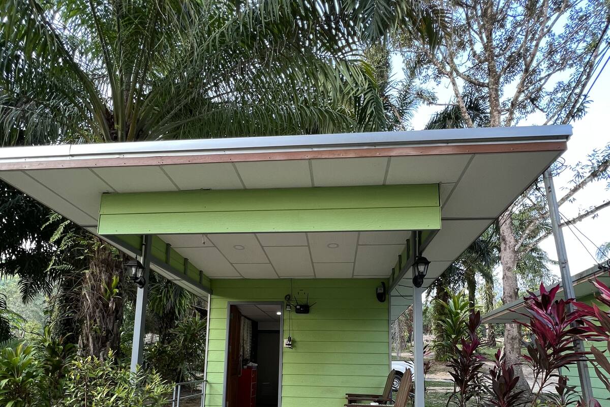 A green-roofed structure with a tiled porch, surrounded by various plants and trees.