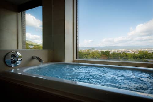 Separate tub and shower, free toiletries, hair dryer, bathrobes