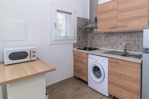 Une cuisine compacte équipée d’un four à micro-ondes, d’un lave-linge et d’un évier.