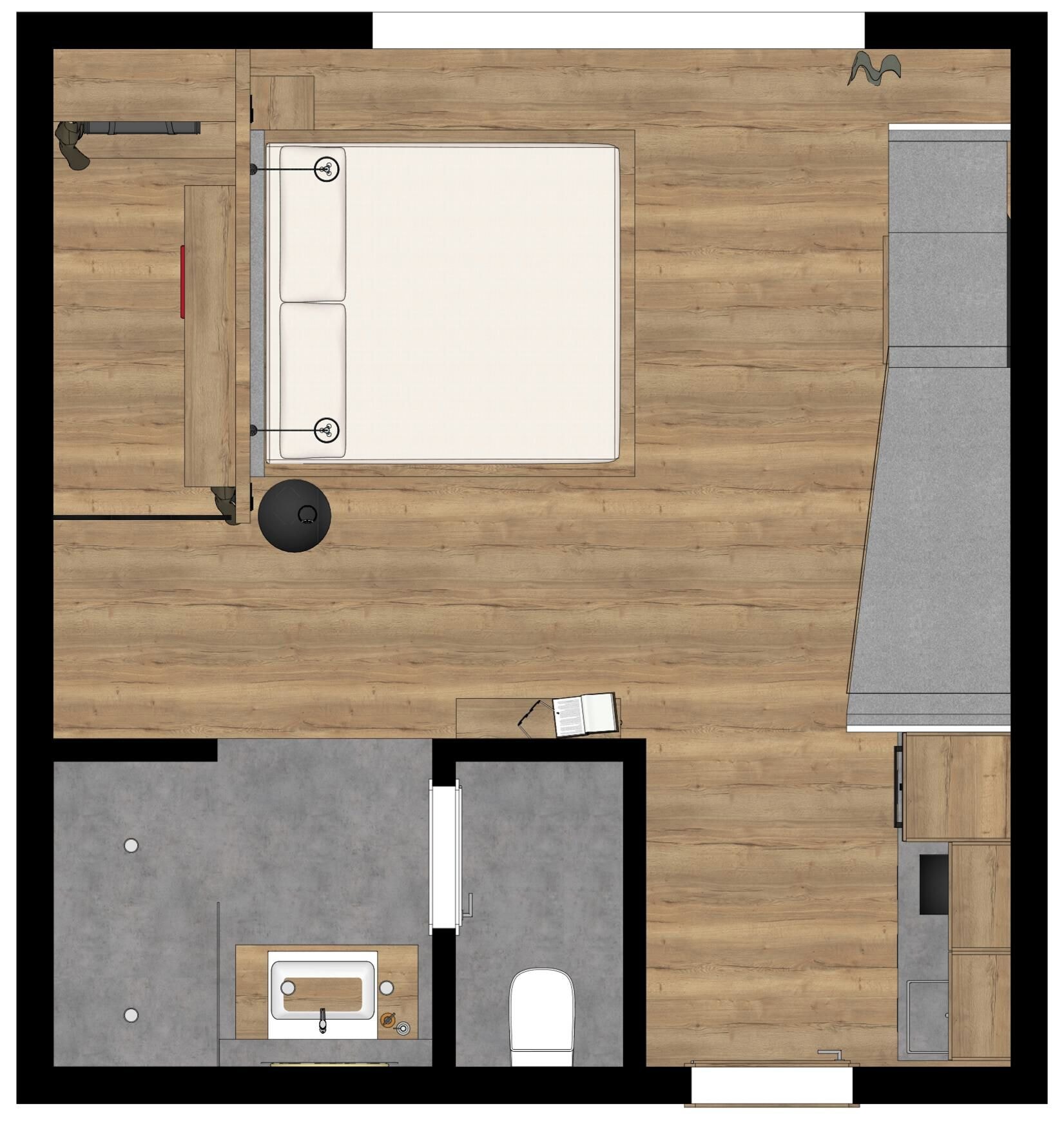Distribución de una habitación de hotel con cama, baño y una pequeña zona de estar.