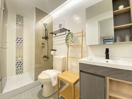 Ducha, secador de pelo, toallas, shampoo