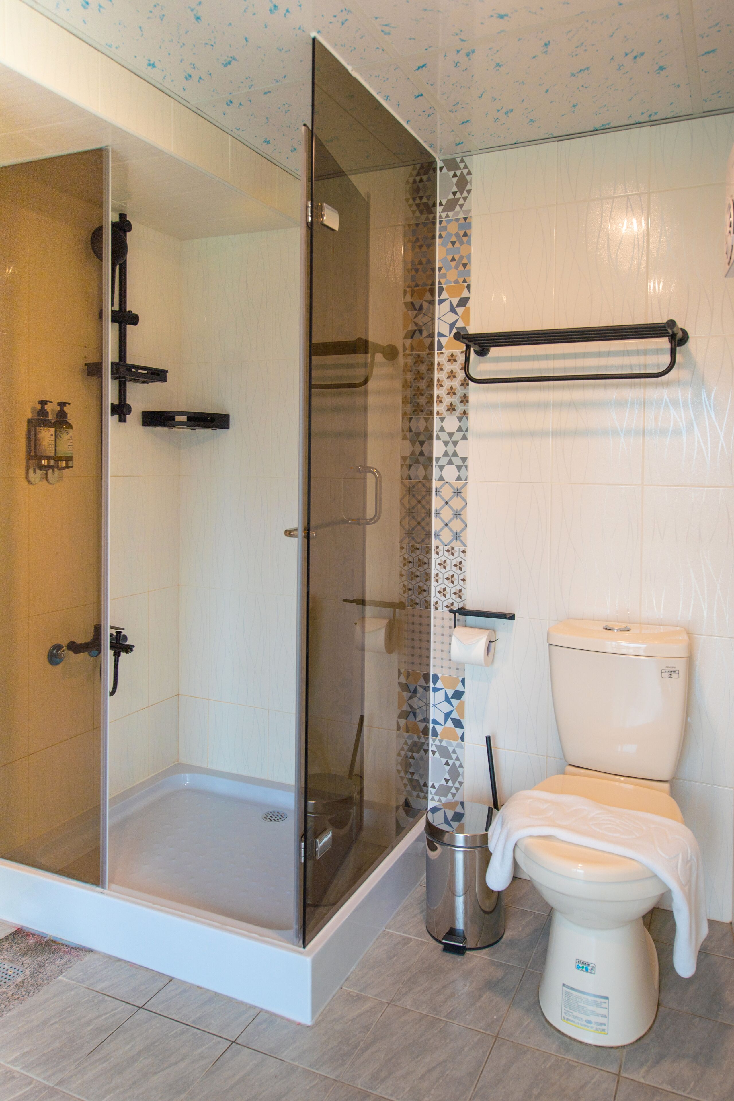 Une salle de bain avec une douche à parois de verre, des toilettes et un sèche-mains.