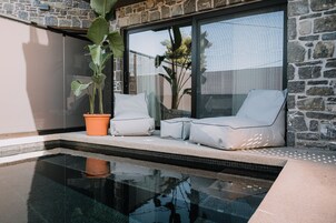 Un área de piscina moderna al aire libre, con una pared de piedra, puerta de vidrio y zona de estar con cojines.