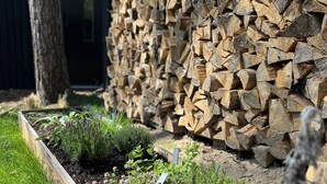 Uma borda de jardim com várias plantas e uma pilha de lenha encostada a uma cerca de madeira.