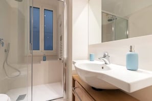 Shower, hair dryer, bidet, towels