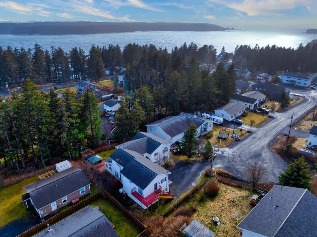 An aerial view of a residential area with houses, a road, and a body of water in the background.