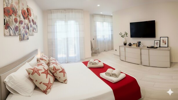 A hotel room with a bed, a TV, a desk, and a window with curtains. - La Terrazza di Andrea (Imperia)