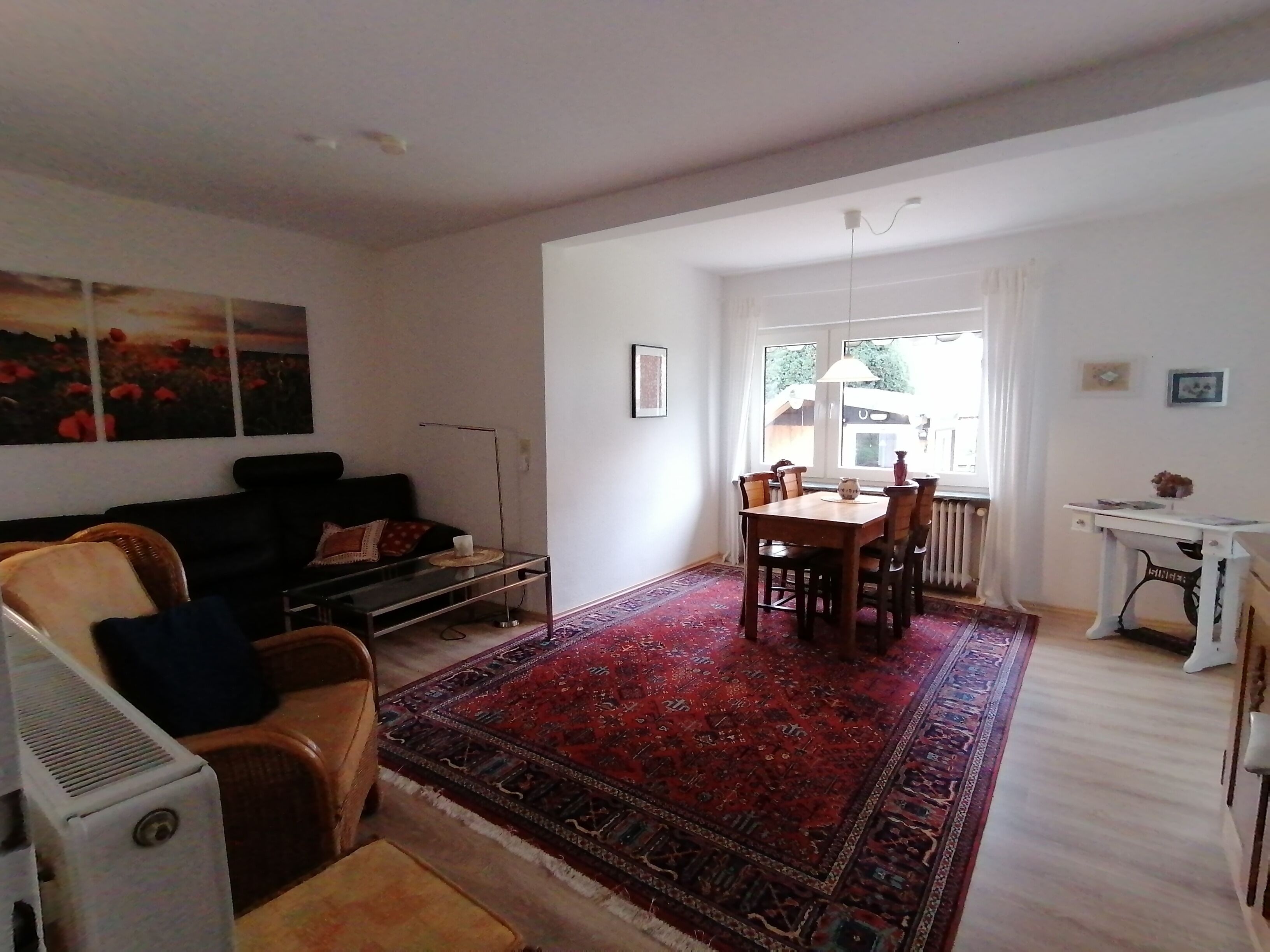 A living room with a sofa, a coffee table, a dining table with chairs, a red patterned rug, and a radiator.