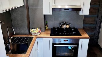 Family Apartment, Kitchen | Private kitchen | Full-sized fridge, oven, stovetop, electric kettle