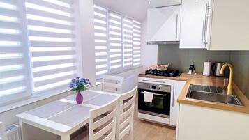 Apartamento standard, 1 cama Queen e sofá-cama, cozinha | Cozinha privada | Geladeira grande, fogão, cooktop, chaleira elétrica
