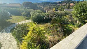 A garden with a stone pathway, various plants, and a view of a distant town and mountains.