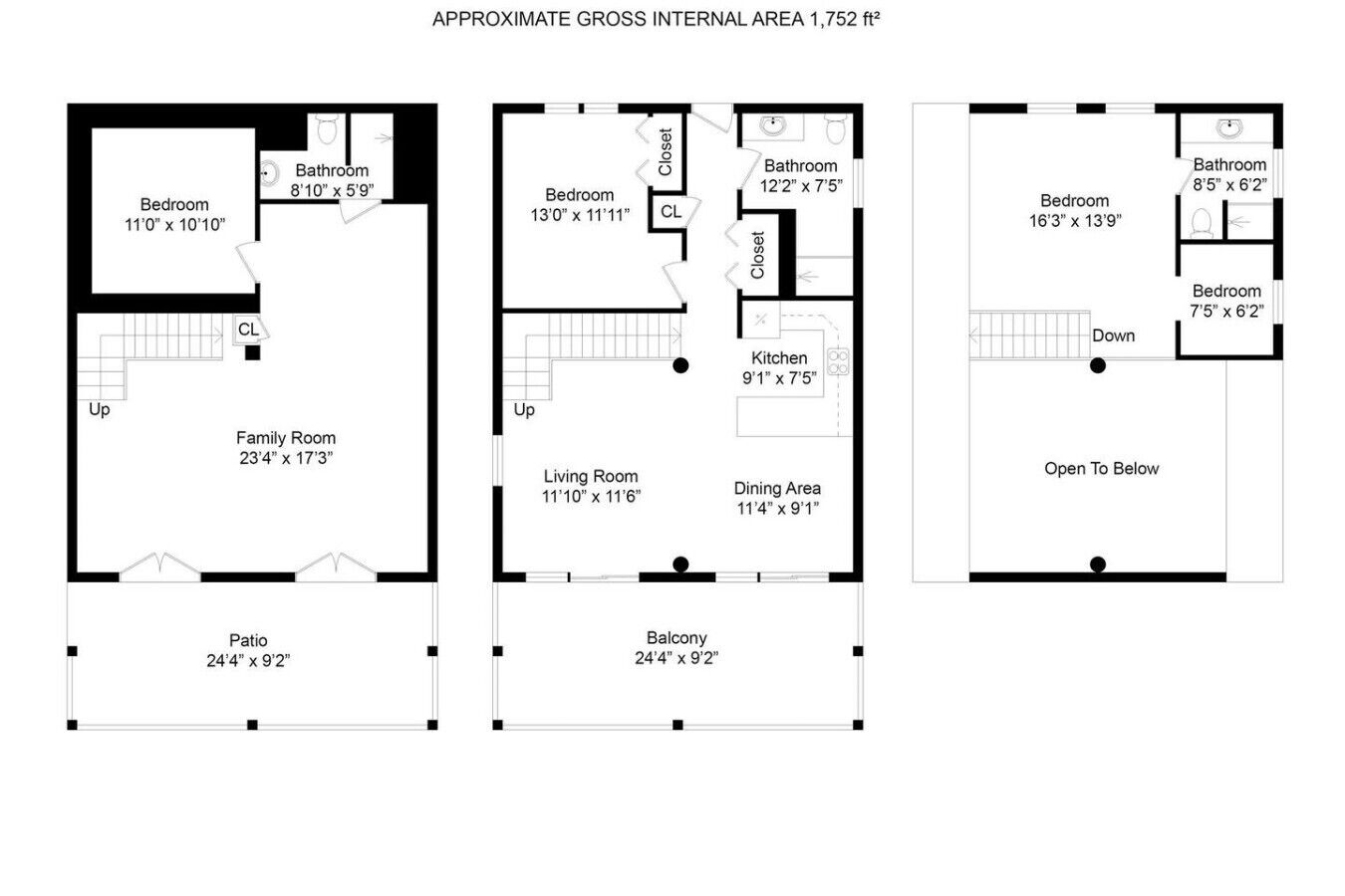 Plano de planta de un apartamento de 167 metros cuadrados, con sala familiar, dos dormitorios, sala de estar, comedor, cocina, balcón y patio.