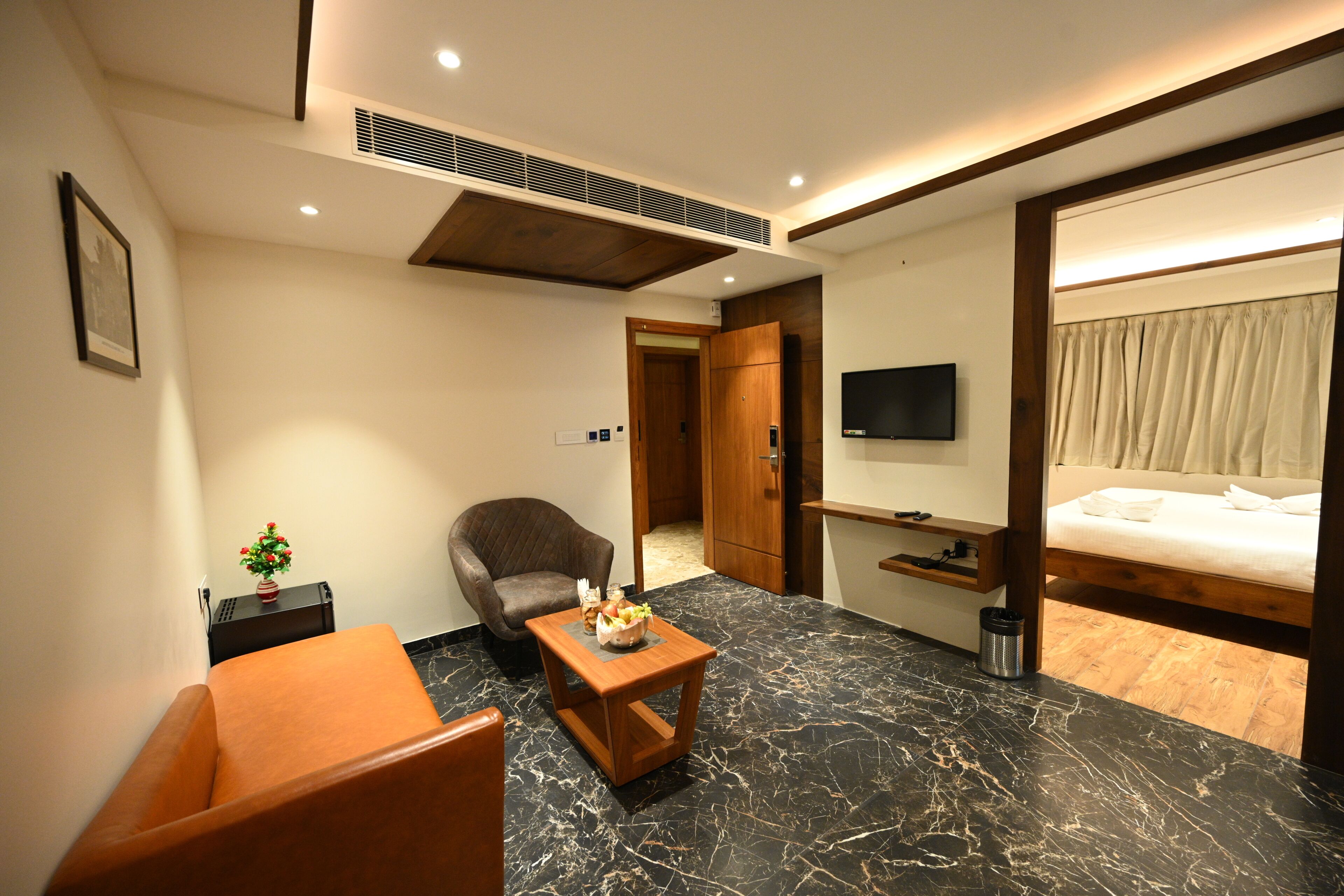 A hotel room with a bed, a TV, a seating area with a chair and a table, and a small plant on the side table.
