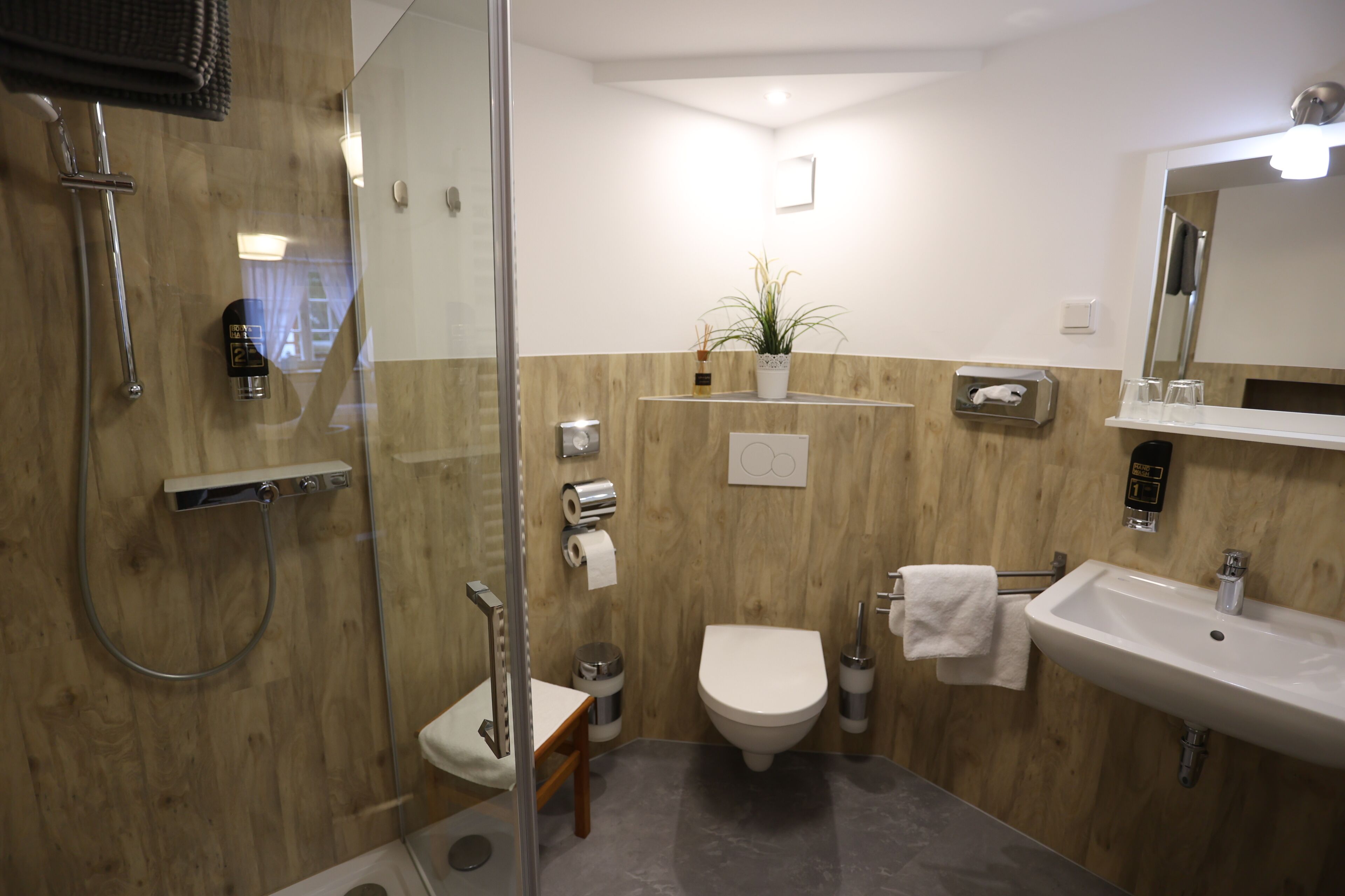 A modern bathroom with a shower, toilet, sink, and mirror.