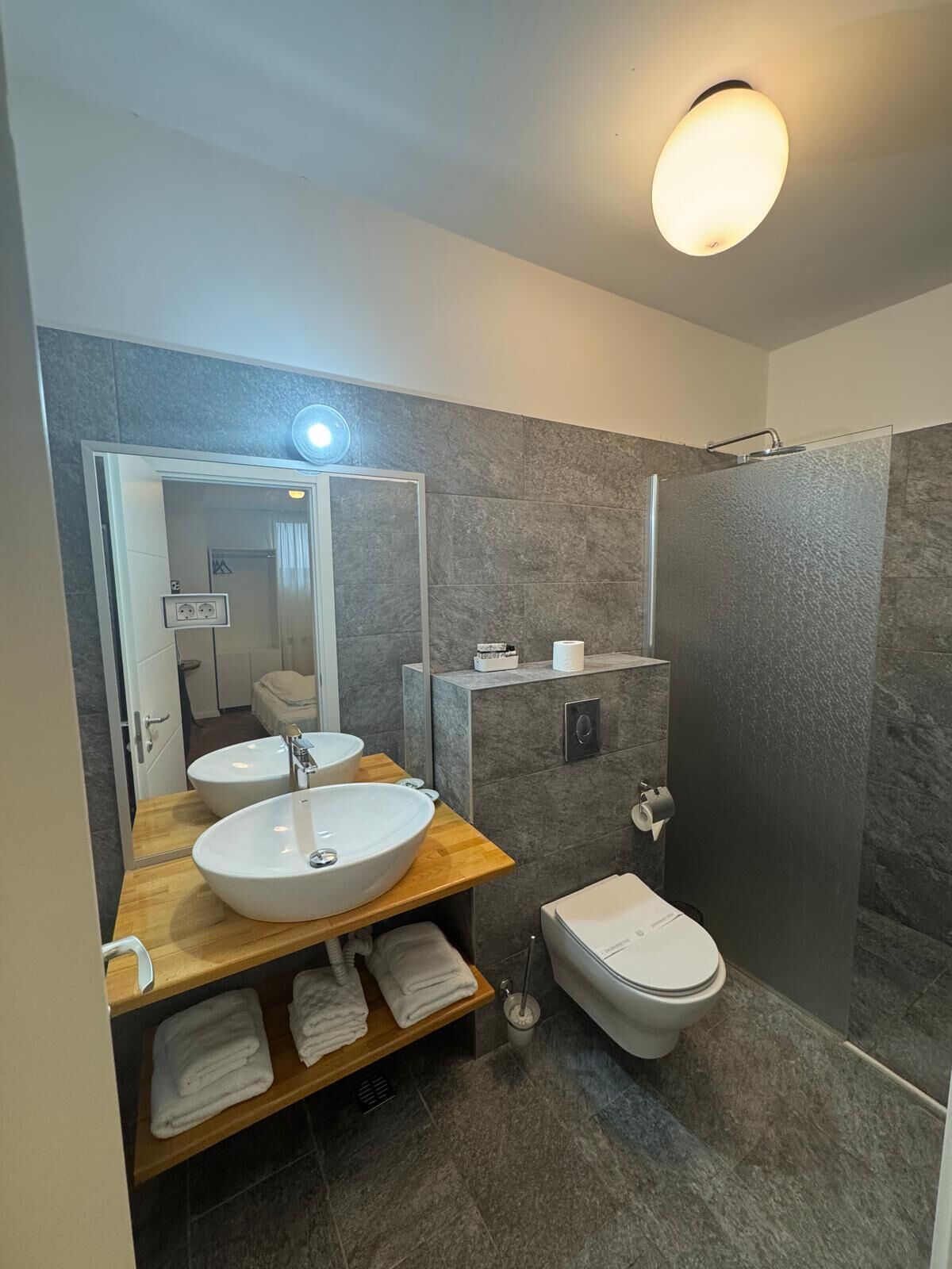 A modern bathroom with a large mirror, two sinks, a toilet, and a shower.