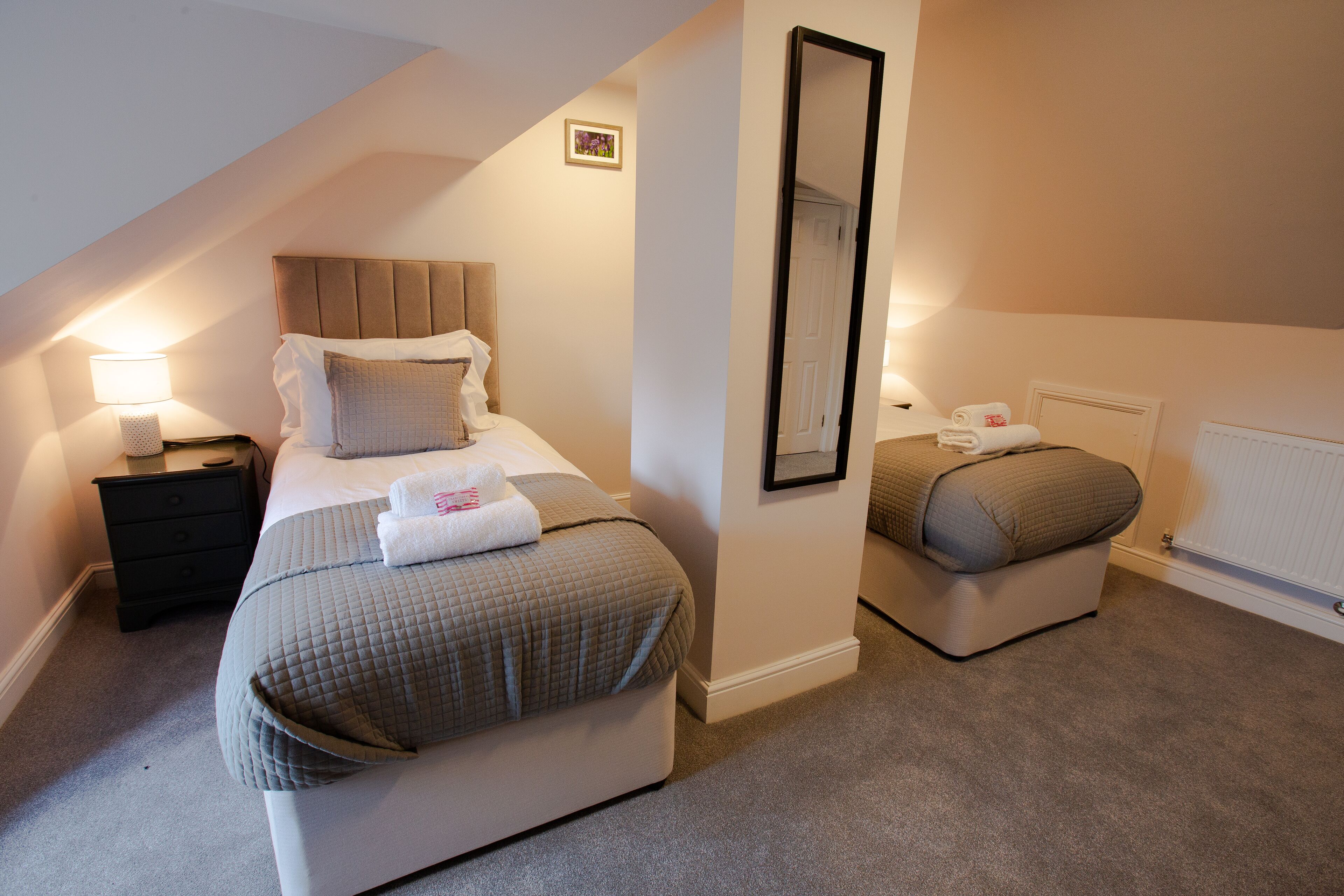 A bedroom with two beds, a nightstand, a mirror, and a radiator.