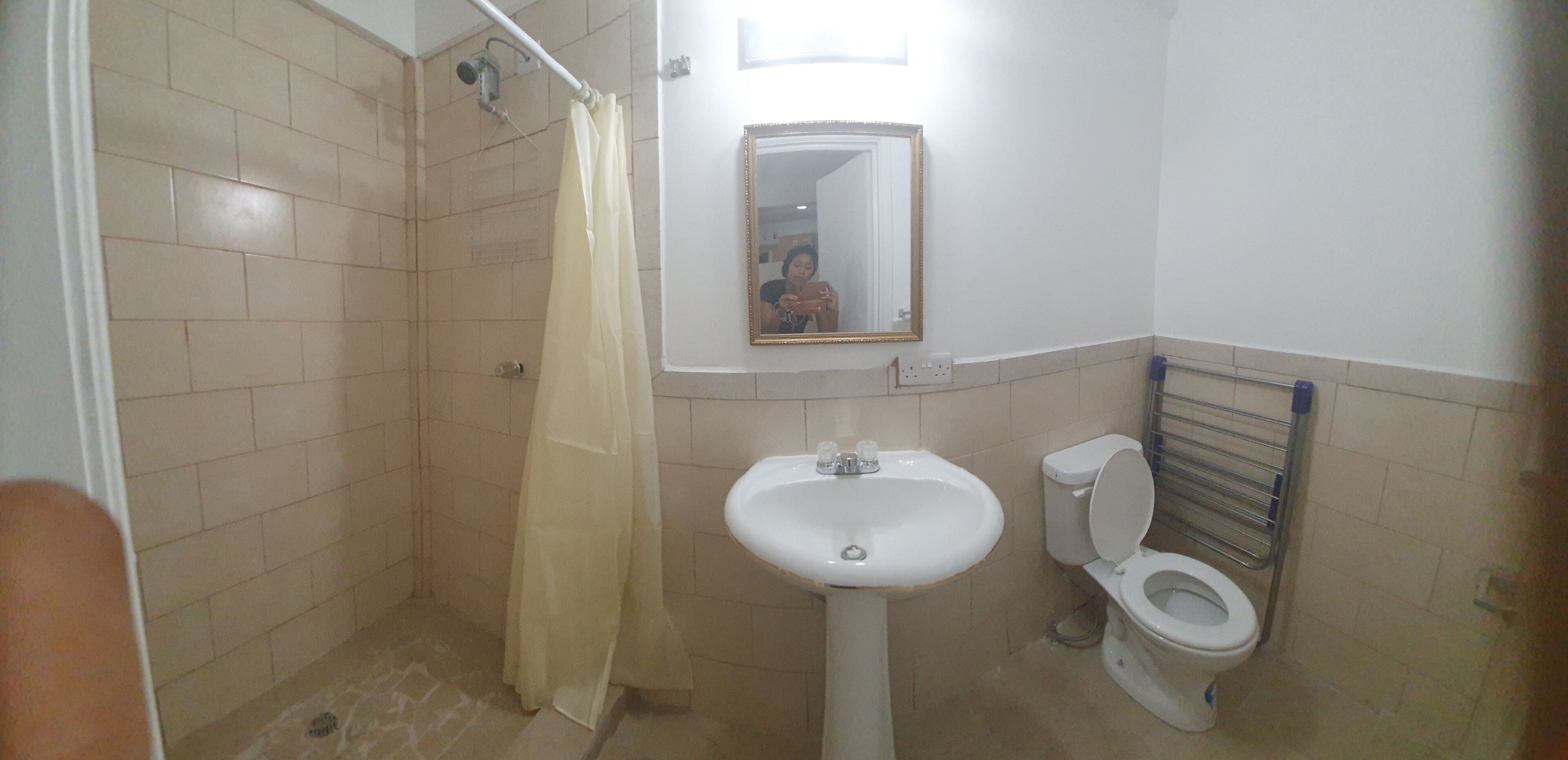 A bathroom with a shower, a sink, a toilet, and a mirror.