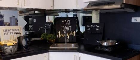 Fridge, microwave, stovetop, electric kettle