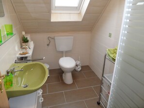 Shower, hair dryer, towels, toilet paper