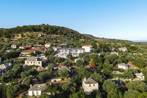 Un pueblo en la ladera con edificios de piedra tradicionales, calles estrechas y abundante vegetación.