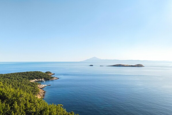 A coastal landscape with a clear view of the sea, a forested area, and distant mountains.