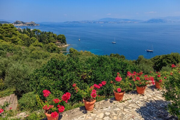 A coastal view with potted red flowers, a stone pathway, and boats on the sea.