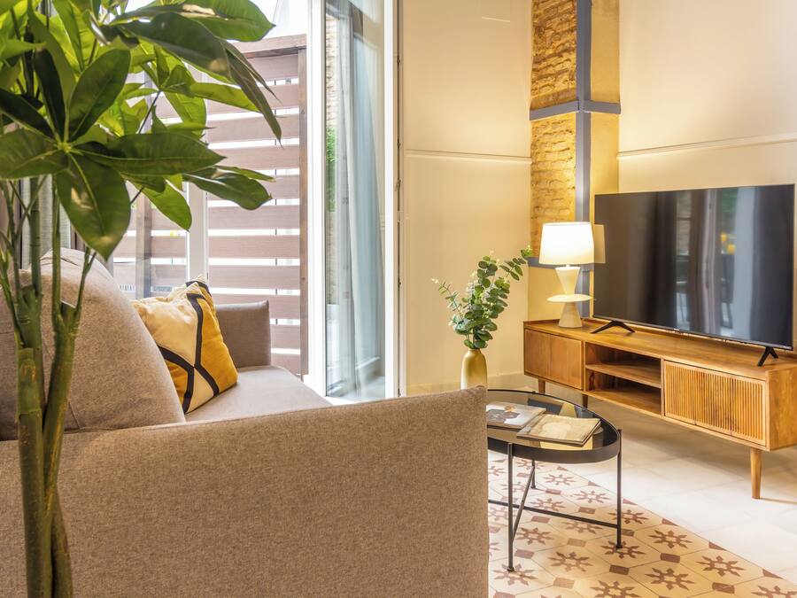 Apartment, 1 Schlafzimmer, Terrasse, Erdgeschoss | Wohnbereich | Fernseher