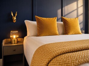 A neatly made bed with a patterned throw, two pillows, a bedside lamp, and a wall-mounted decorative item. - Family Modern 3 Bedroom hot tub House (Blackpool)
