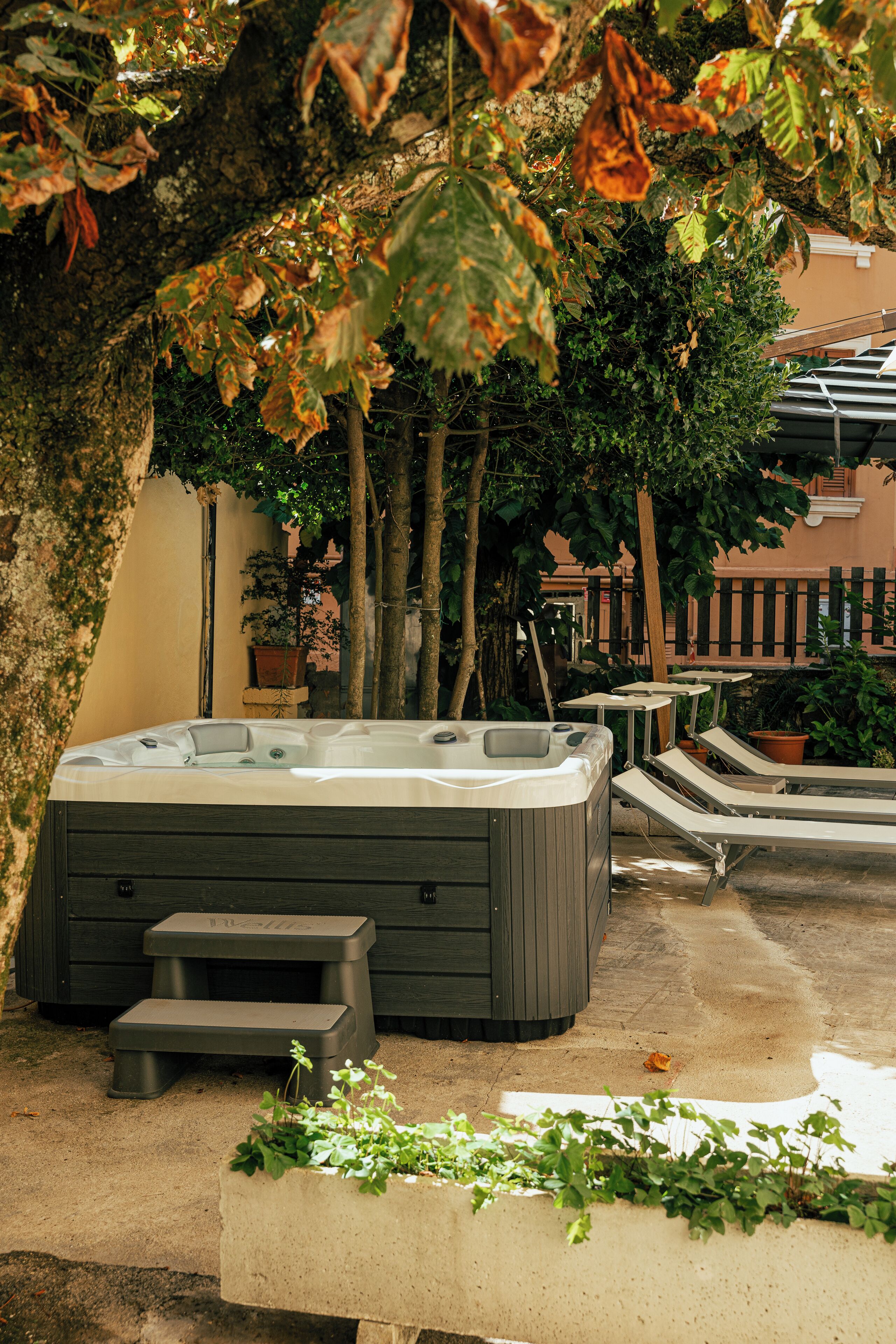 A hot tub area with steps leading up to it, surrounded by trees and potted plants.