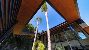 A modern building with a large glass window and two palm trees. - Casa Palmera, Casa Palmera (Rhodes)