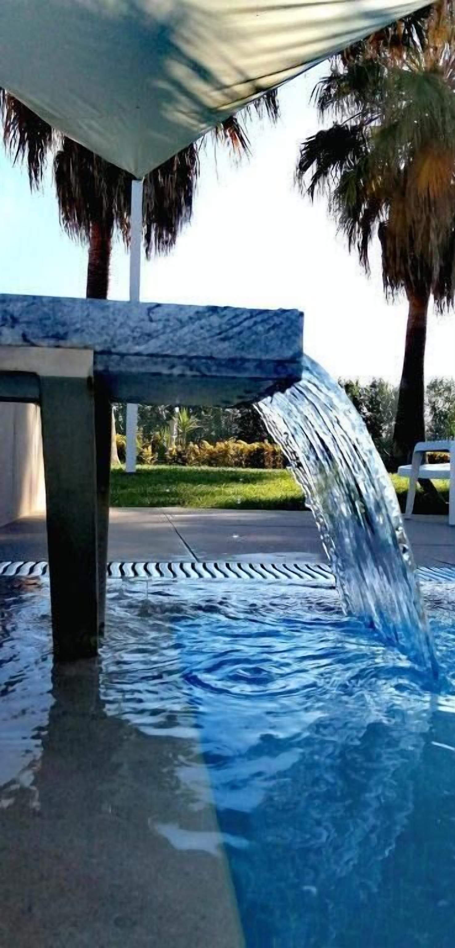 A swimming pool with a water feature, surrounded by palm trees and a covered area.