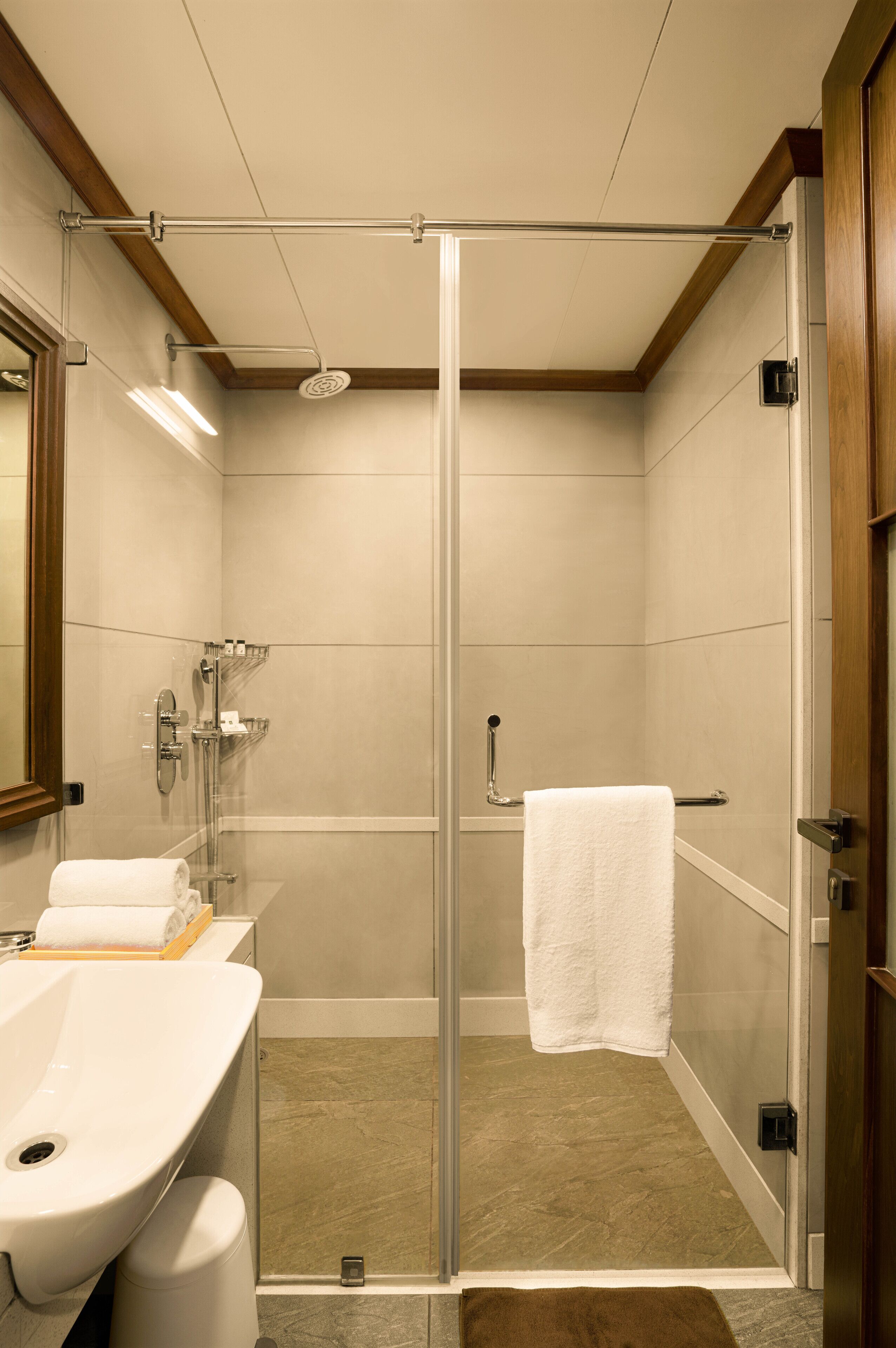 A modern bathroom with a glass-enclosed shower, a sink with a mirror, and a towel rack.
