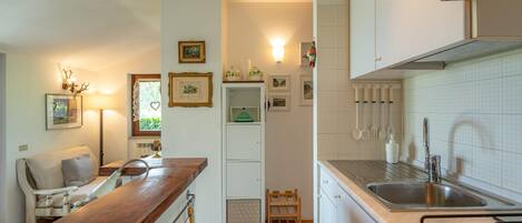 A kitchen with a wooden countertop, a sink, and a stove. There are framed pictures on the wall and a small cabinet.