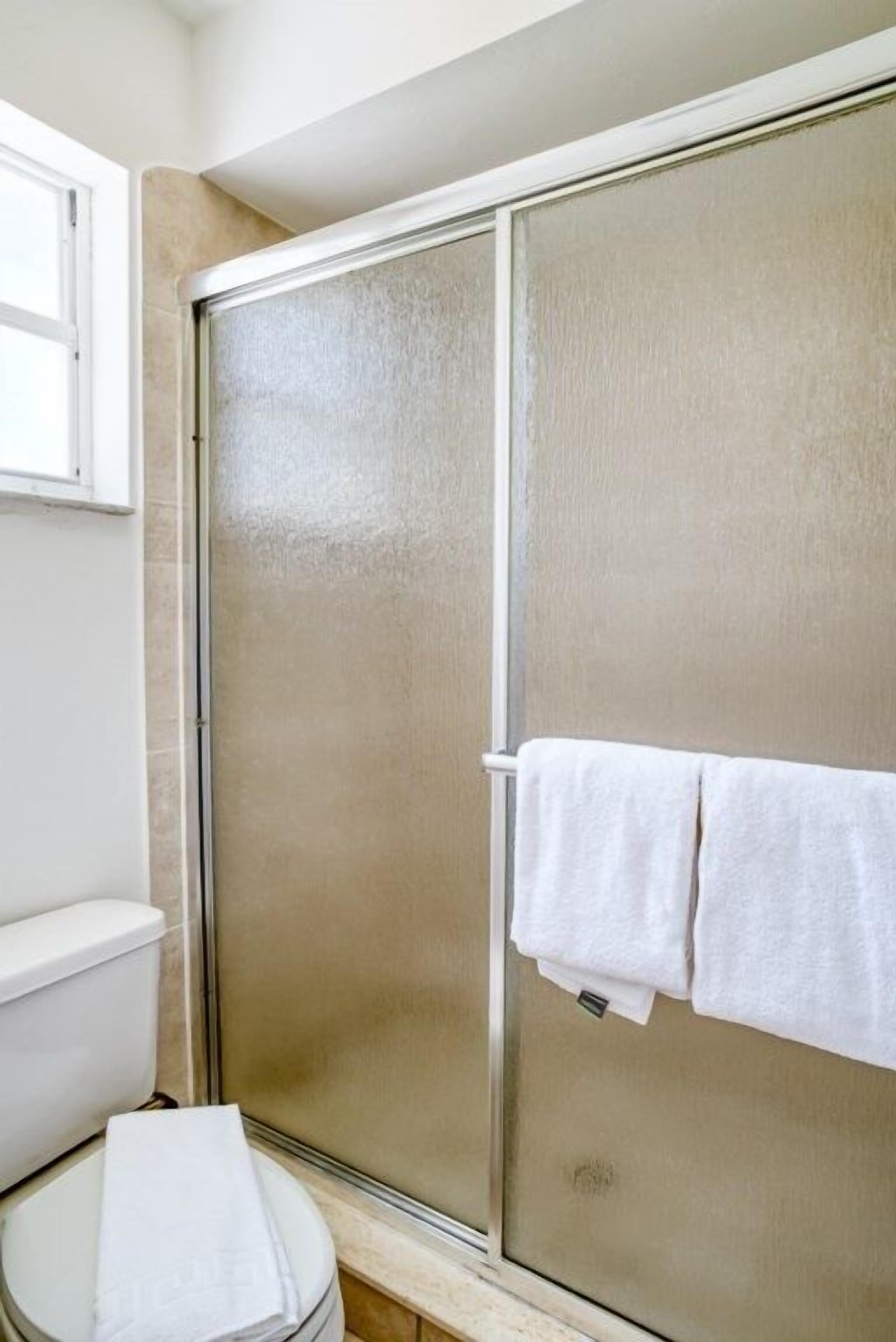 A bathroom with a glass shower enclosure, a toilet, and a towel rack with two towels.