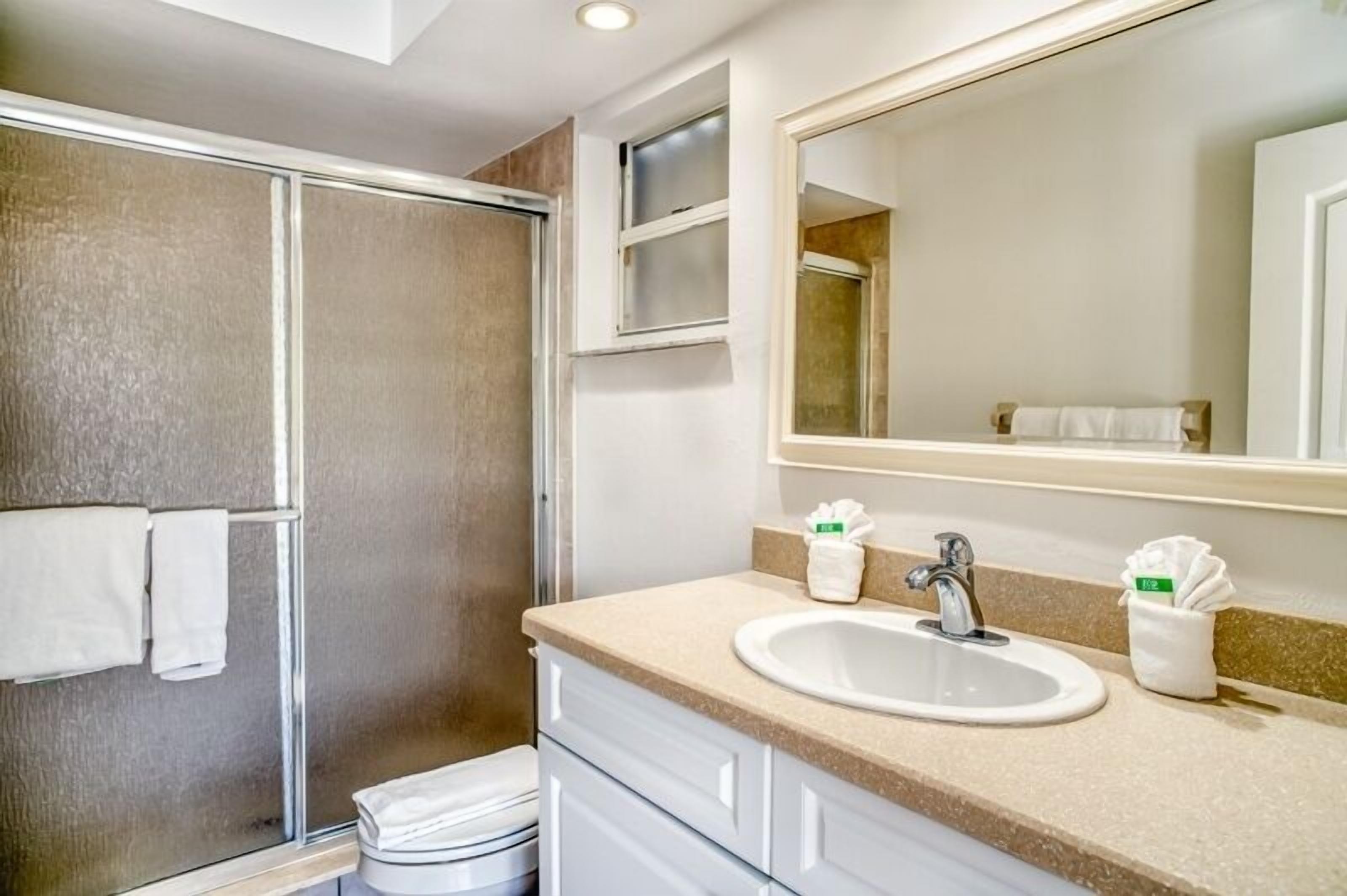 Une salle de bain moderne avec un grand miroir, un lavabo et un espace douche.