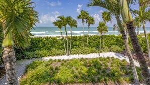 Een strand met palmbomen en uitzicht op de oceaan.