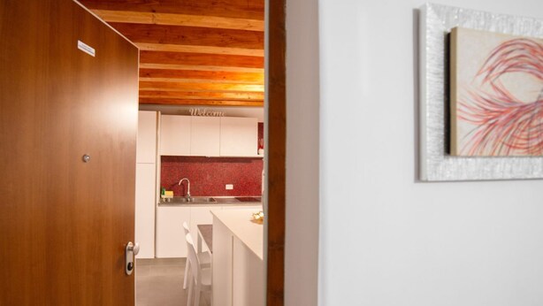 A modern kitchen with white cabinets, a red backsplash, and a wooden ceiling. - Ca' Gritti, Castello next to Arsenale (Venezia)