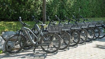 Uma fileira de bicicletas com cestas, estacionadas em superfície pavimentada, com uma sebe ao fundo.