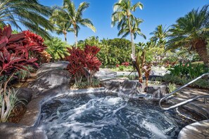 Une source d'eau chaude entourée de plantes tropicales et de palmiers.