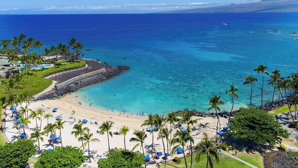 A beach with clear turquoise water, palm trees, and a rocky shoreline.