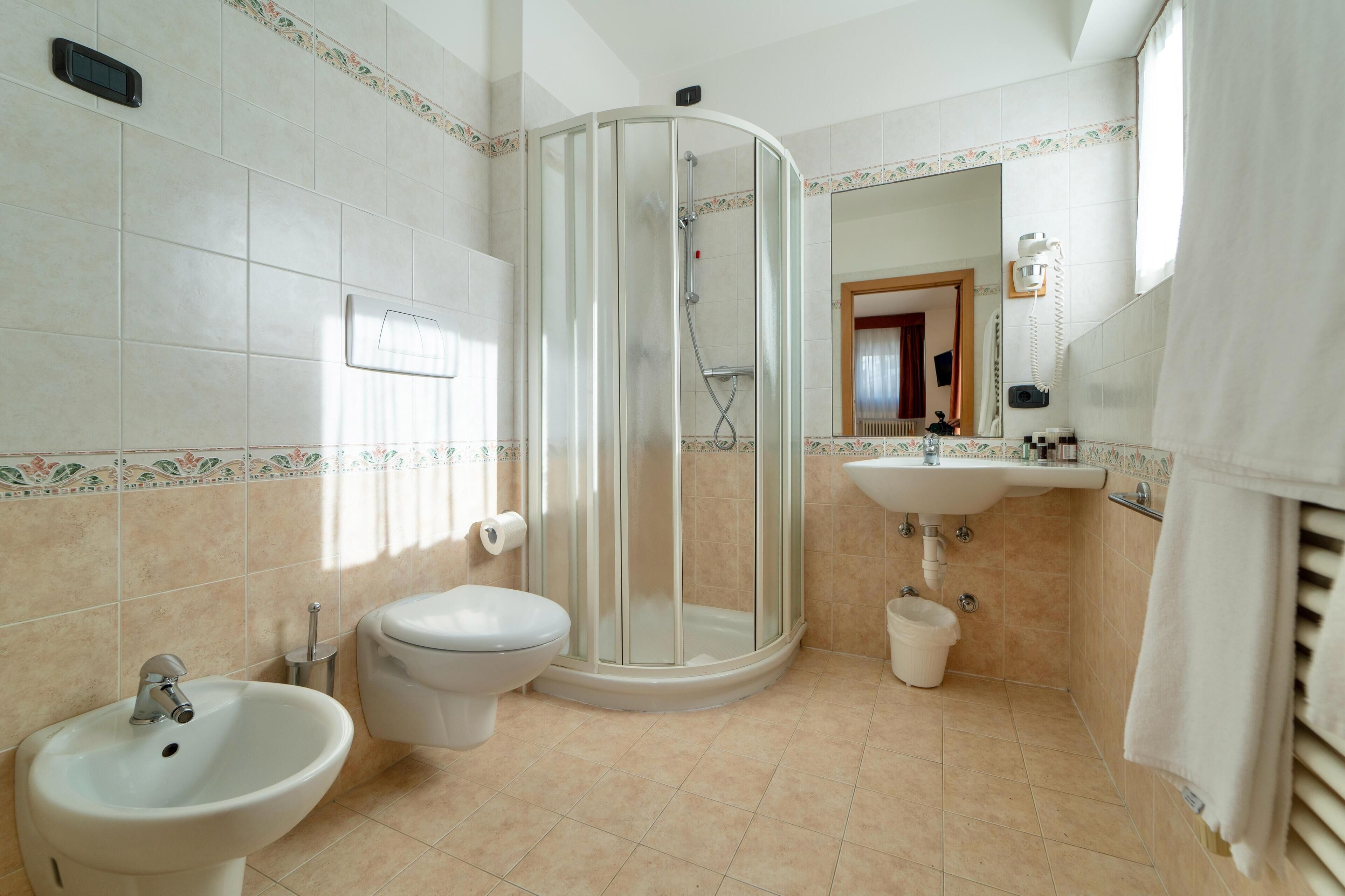 A bathroom with a shower, toilet, sink, and a mirror.