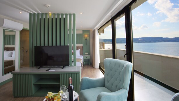 A balcony with a view of the sea, a TV on a stand, a light blue armchair, and a small table with a bottle and glasses. - ASPEN HOTEL ÇANAKKALE (Çanakkale)