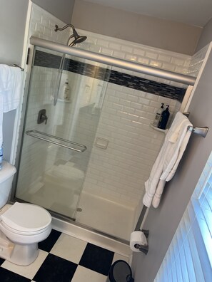 Hair dryer, towels, soap, shampoo