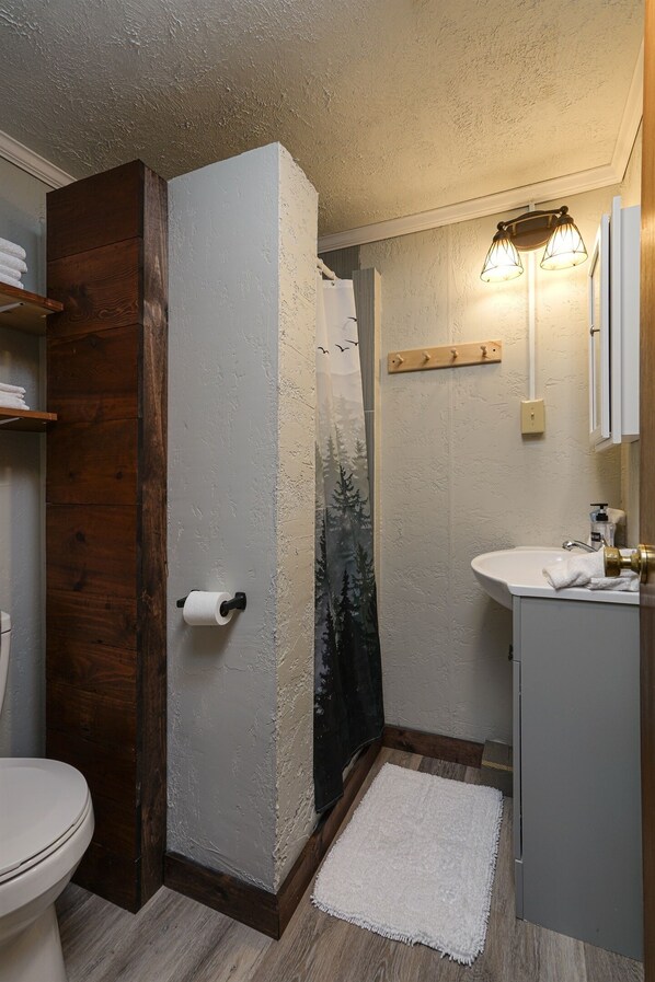 A bathroom with a wooden door, a white sink, a shower curtain with a forest design, and a light fixture above the mirror. - Riverside De Luxe*WiFi*Steps to the River (Elkins)