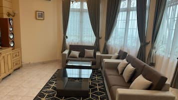 Panoramic Villa, 4 Bedrooms, Private Pool, Mountain View | Living area | 50-inch Smart TV with digital channels, TV, stereo