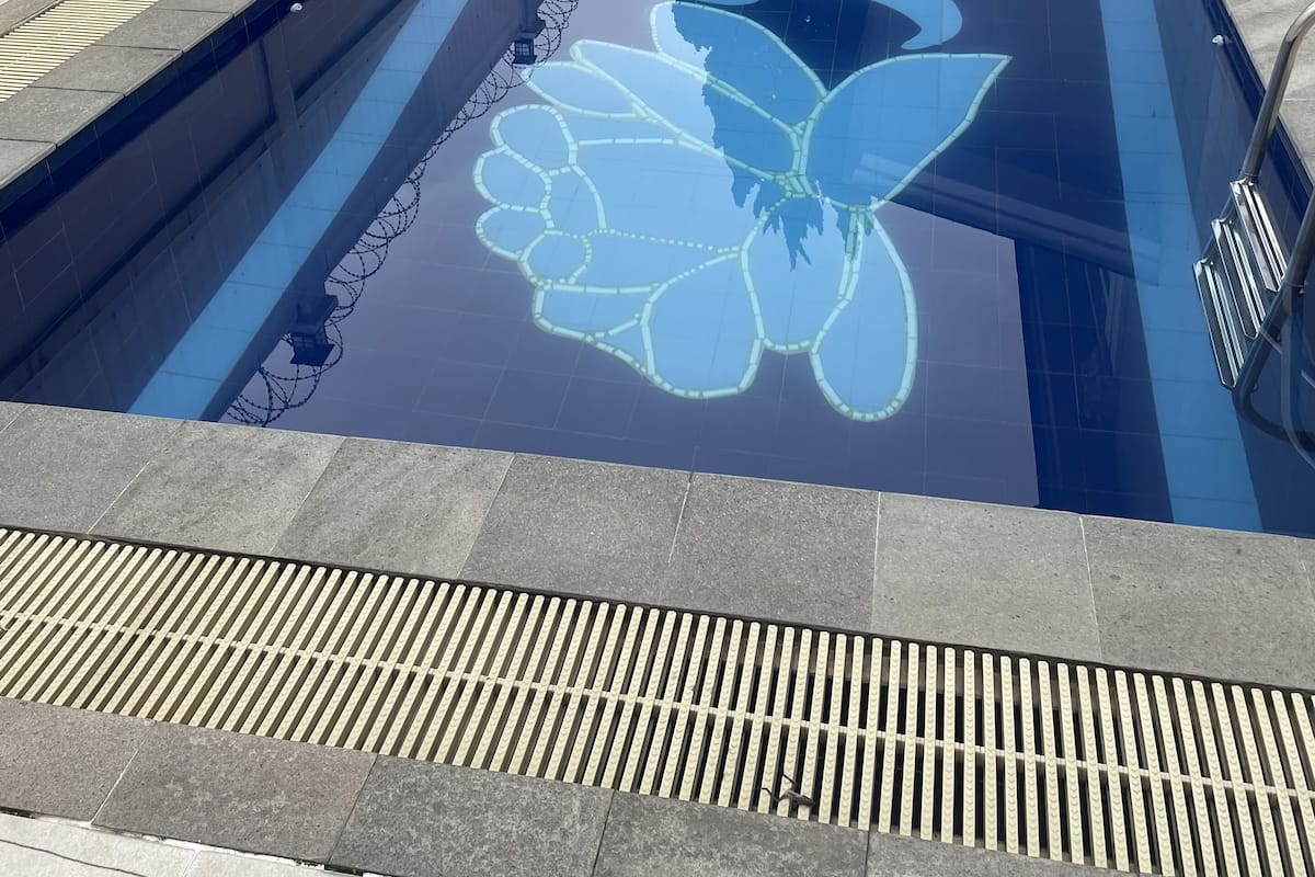 Una piscina con un diseño floral en la superficie del agua, rodeada por una solana de hormigón y una valla metálica.