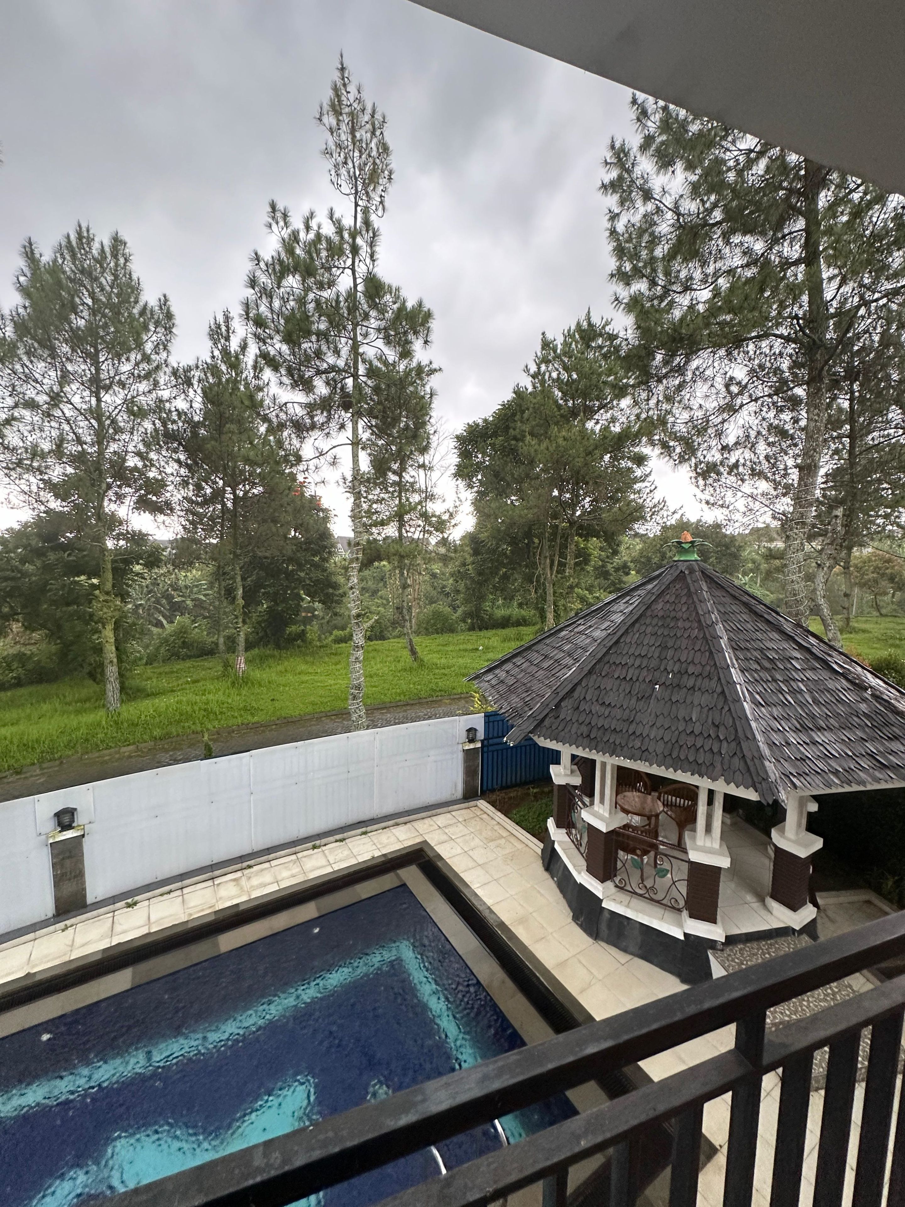 A view from a balcony with a swimming pool, a gazebo, and surrounding trees.