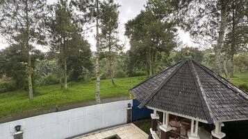 A view from a balcony with a swimming pool, a gazebo, and surrounding trees.