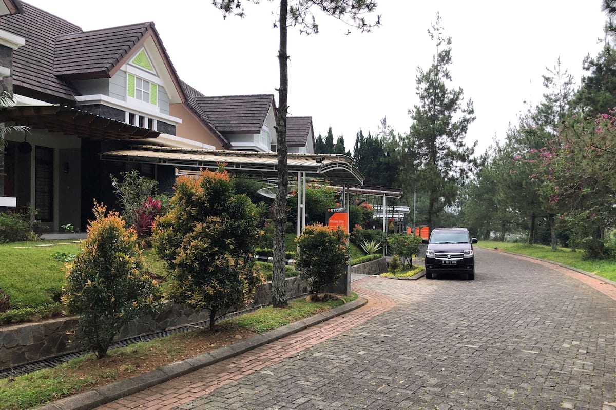 Una calle residencial con casas, un automóvil estacionado y un jardín con diversas plantas.